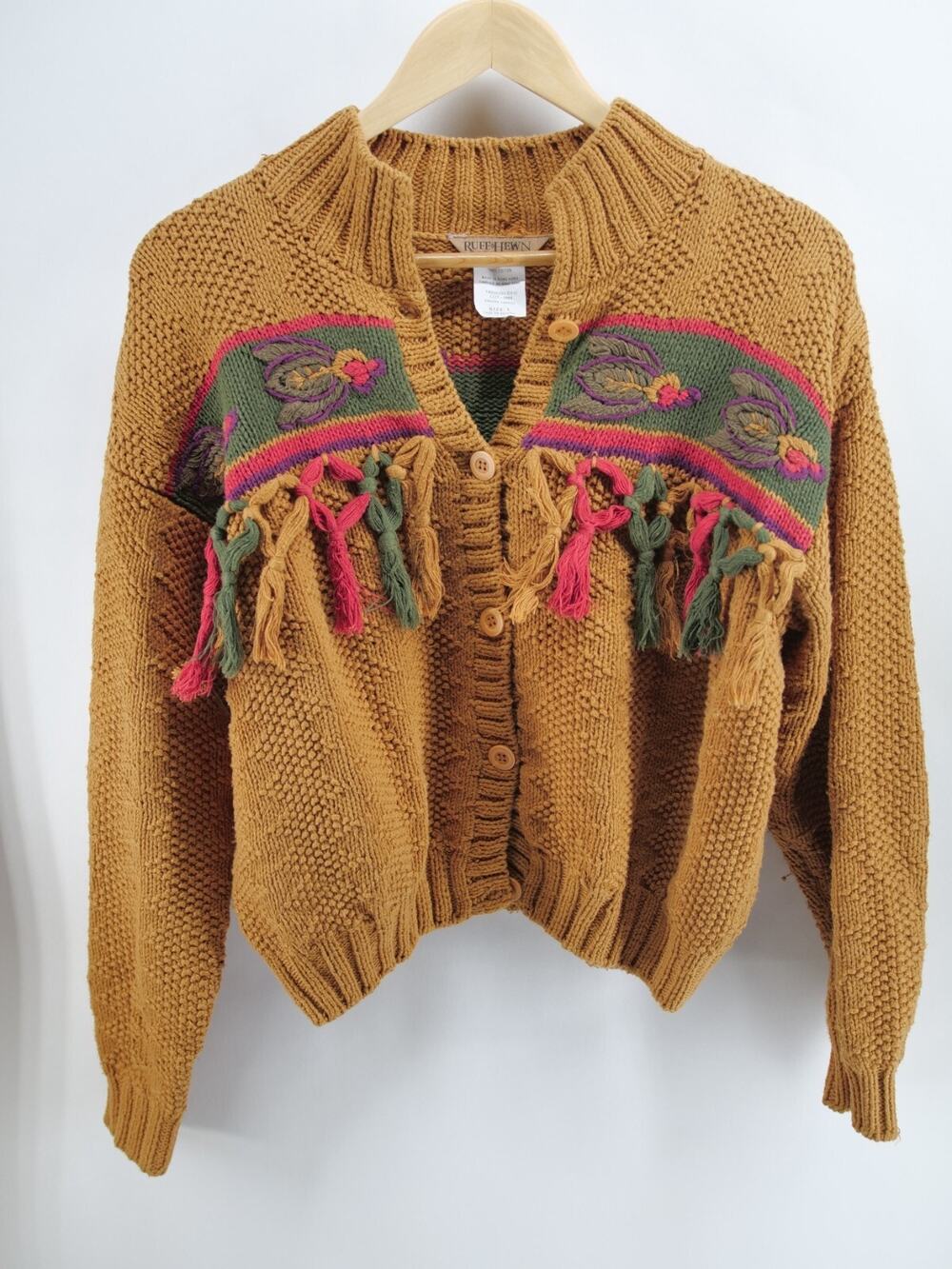 Vintage Ruff Hewn Women's Sweater Cardigan Size Large 3D Knit Cottage button‎